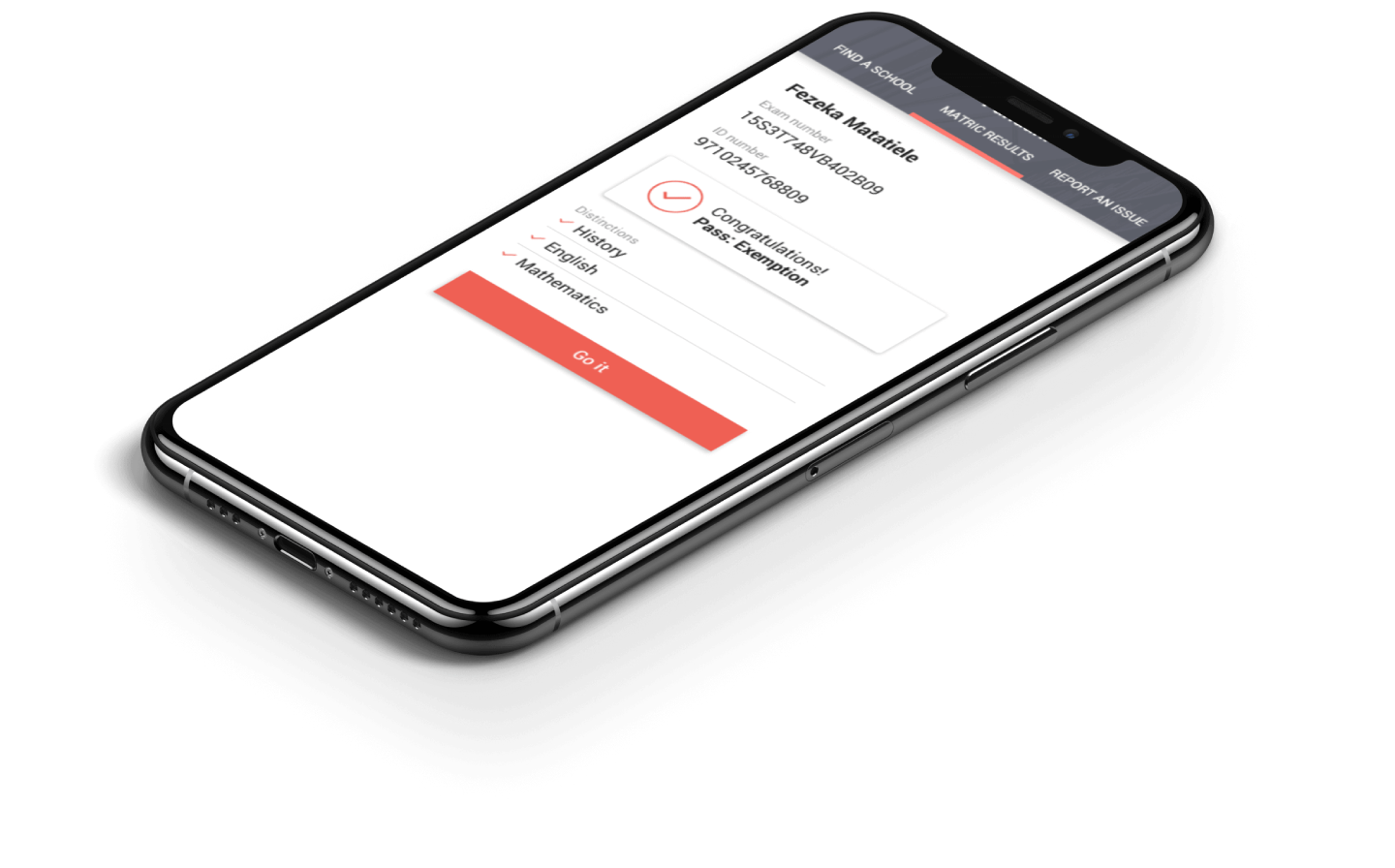 the fundani user interface for showing the matric results